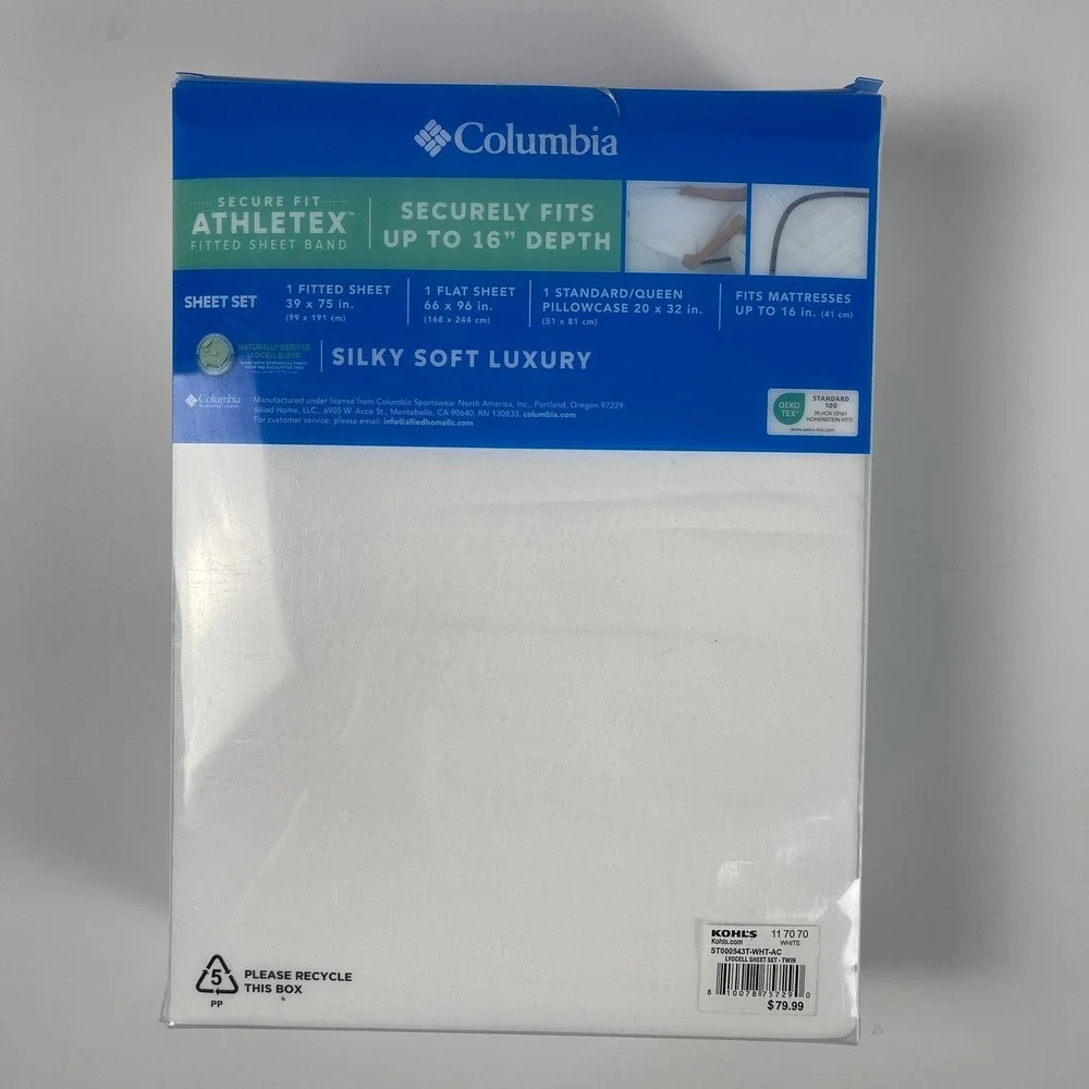 Columbia Silky Soft Luxury Twin Sheet Set White Lyocell Blend 3-Piece Cooling